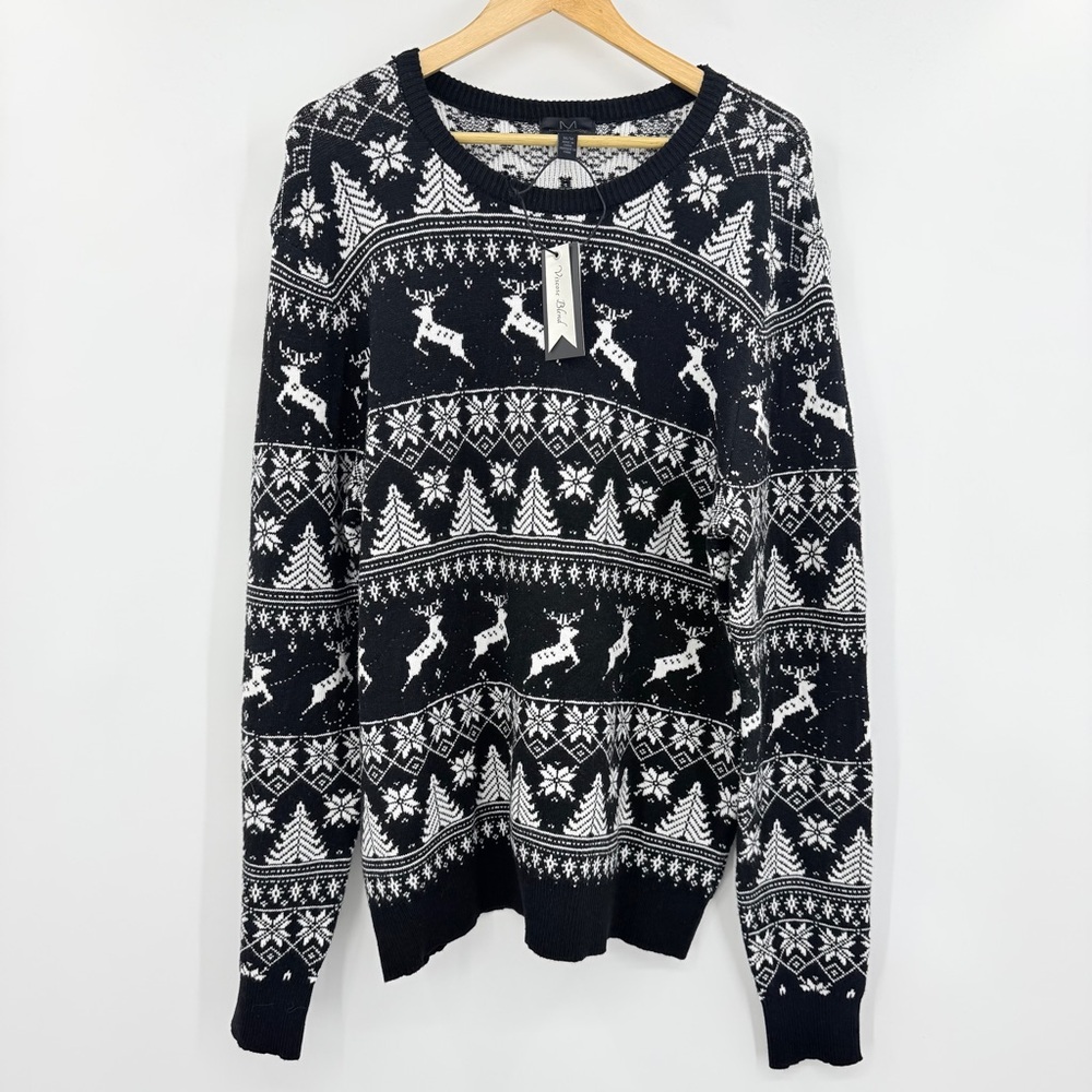Magaschoni Mens Fair Isle Reindeer Holiday Sweater Black White Viscose Blend M